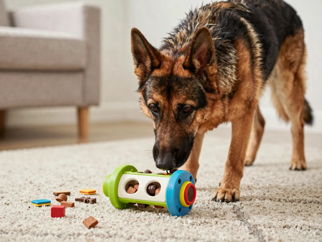 Intelligent shepweiler dog solving a puzzle toy on a rug